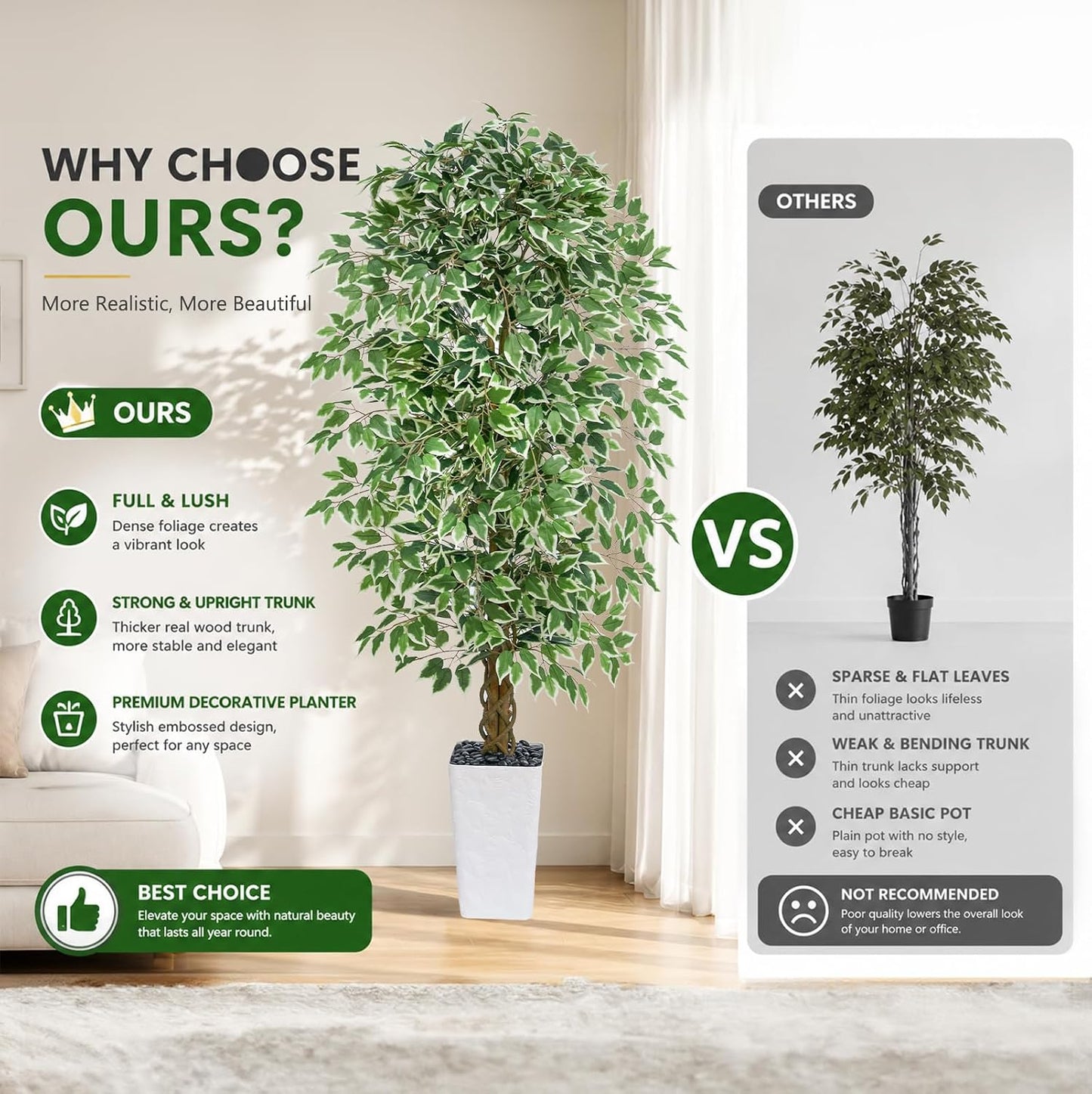 6FT Artificial Ficus Tree Indoor, Large Fake Ficus Tree with Natural Wood Trunk & Realistic Silk Leaves, Tall Faux Tree for Living Room, Office, Home Decor, White Pot Included