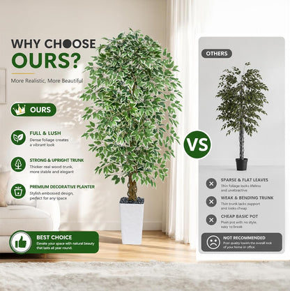 6FT Artificial Ficus Tree Indoor, Large Fake Ficus Tree with Natural Wood Trunk & Realistic Silk Leaves, Tall Faux Tree for Living Room, Office, Home Decor, White Pot Included