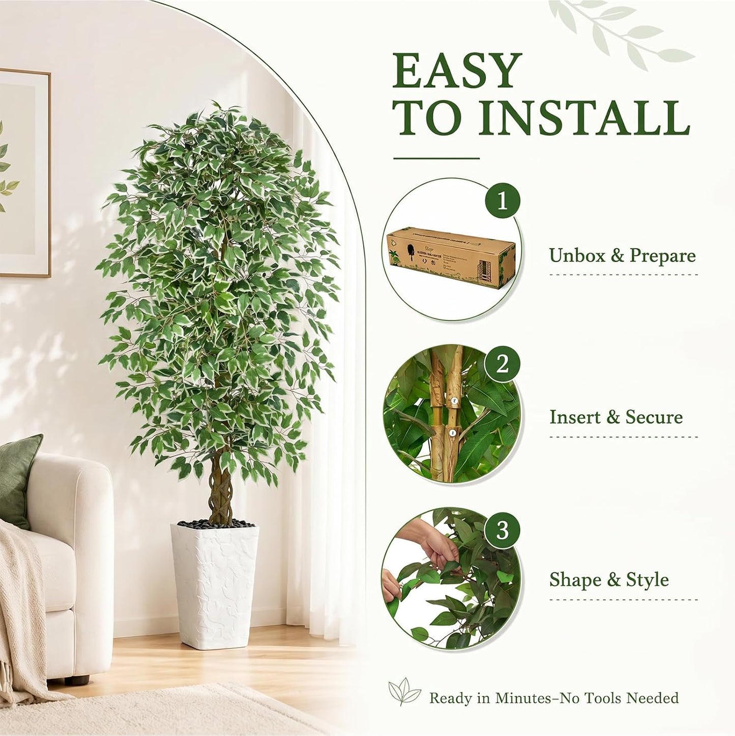 6FT Artificial Ficus Tree Indoor, Large Fake Ficus Tree with Natural Wood Trunk & Realistic Silk Leaves, Tall Faux Tree for Living Room, Office, Home Decor, White Pot Included