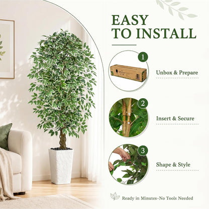 6FT Artificial Ficus Tree Indoor, Large Fake Ficus Tree with Natural Wood Trunk & Realistic Silk Leaves, Tall Faux Tree for Living Room, Office, Home Decor, White Pot Included