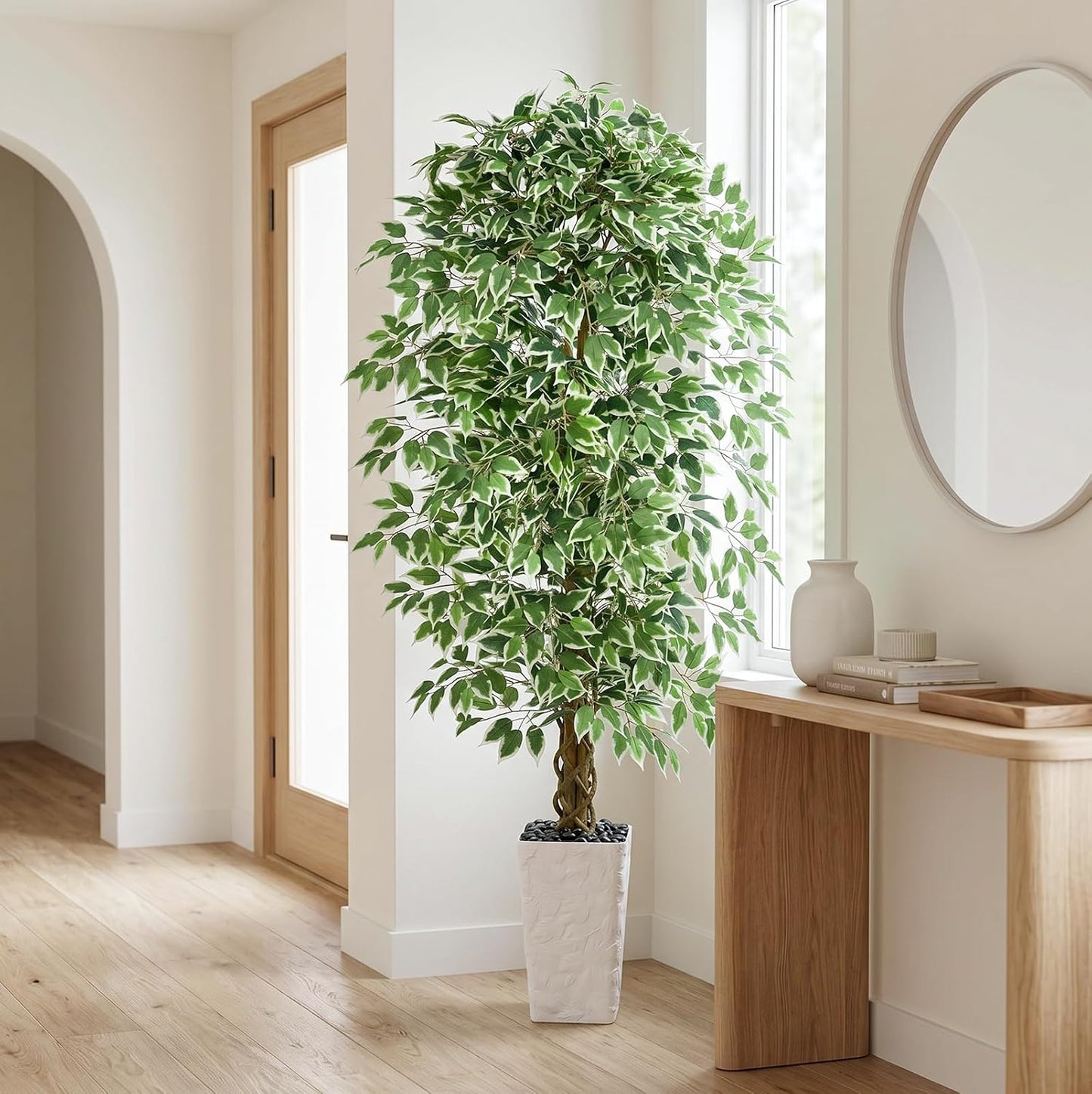 6FT Artificial Ficus Tree Indoor, Large Fake Ficus Tree with Natural Wood Trunk & Realistic Silk Leaves, Tall Faux Tree for Living Room, Office, Home Decor, White Pot Included