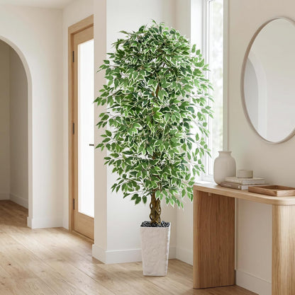 6FT Artificial Ficus Tree Indoor, Large Fake Ficus Tree with Natural Wood Trunk & Realistic Silk Leaves, Tall Faux Tree for Living Room, Office, Home Decor, White Pot Included