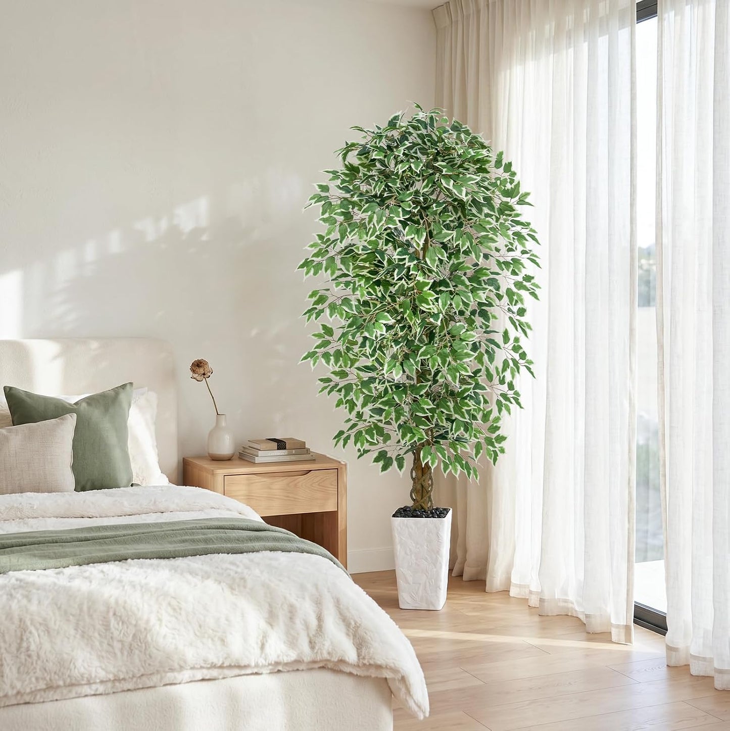 6FT Artificial Ficus Tree Indoor, Large Fake Ficus Tree with Natural Wood Trunk & Realistic Silk Leaves, Tall Faux Tree for Living Room, Office, Home Decor, White Pot Included