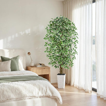 6FT Artificial Ficus Tree Indoor, Large Fake Ficus Tree with Natural Wood Trunk & Realistic Silk Leaves, Tall Faux Tree for Living Room, Office, Home Decor, White Pot Included