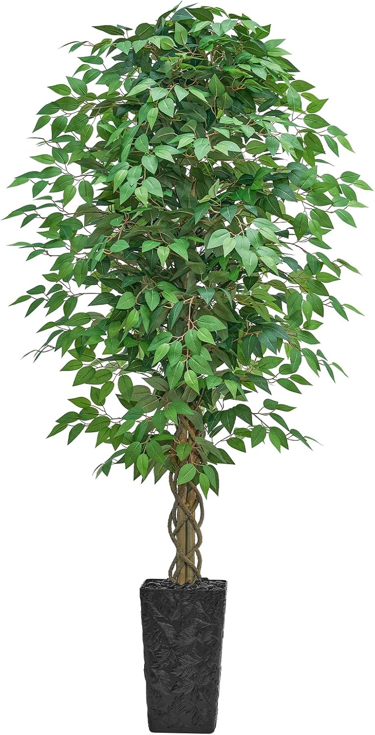 6FT Artificial Ficus Tree Indoor, Large Fake Ficus Tree with Natural Wood Trunk & Realistic Silk Leaves, Tall Faux Tree for Living Room, Office, Home Decor, White Pot Included