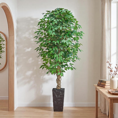 6FT Artificial Ficus Tree Indoor, Large Fake Ficus Tree with Natural Wood Trunk & Realistic Silk Leaves, Tall Faux Tree for Living Room, Office, Home Decor, White Pot Included
