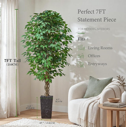 6FT Artificial Ficus Tree Indoor, Large Fake Ficus Tree with Natural Wood Trunk & Realistic Silk Leaves, Tall Faux Tree for Living Room, Office, Home Decor, White Pot Included