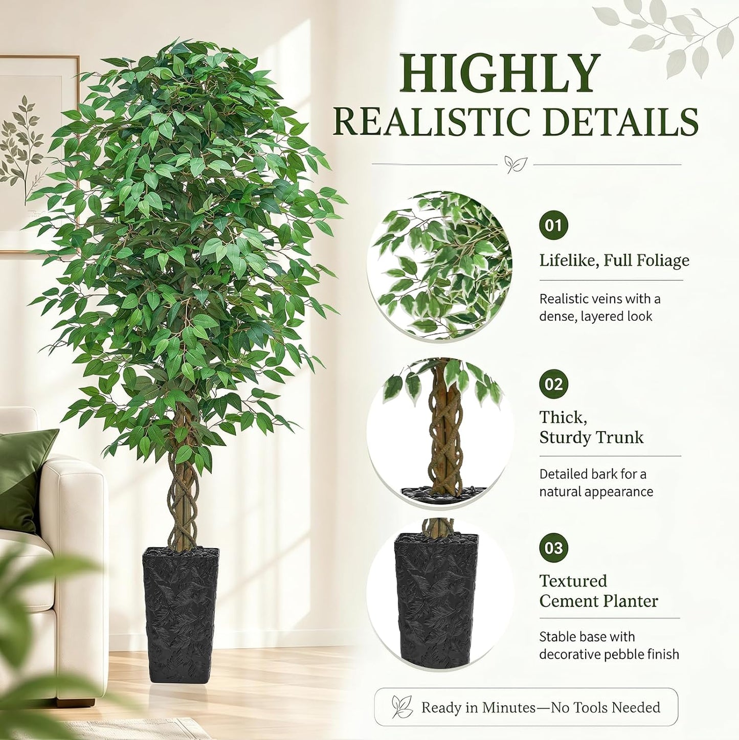 6FT Artificial Ficus Tree Indoor, Large Fake Ficus Tree with Natural Wood Trunk & Realistic Silk Leaves, Tall Faux Tree for Living Room, Office, Home Decor, White Pot Included