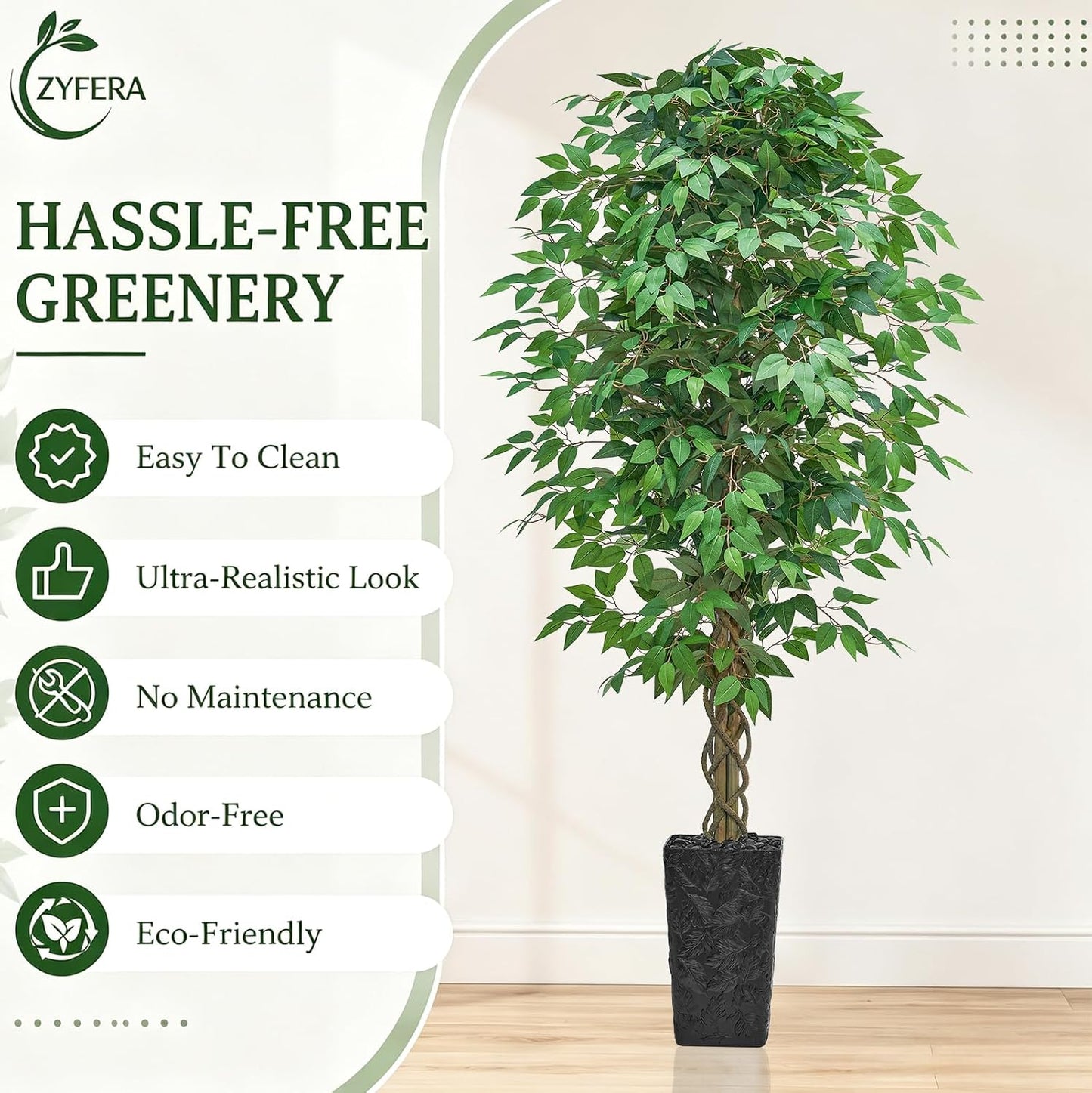6FT Artificial Ficus Tree Indoor, Large Fake Ficus Tree with Natural Wood Trunk & Realistic Silk Leaves, Tall Faux Tree for Living Room, Office, Home Decor, White Pot Included