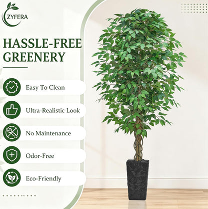 6FT Artificial Ficus Tree Indoor, Large Fake Ficus Tree with Natural Wood Trunk & Realistic Silk Leaves, Tall Faux Tree for Living Room, Office, Home Decor, White Pot Included