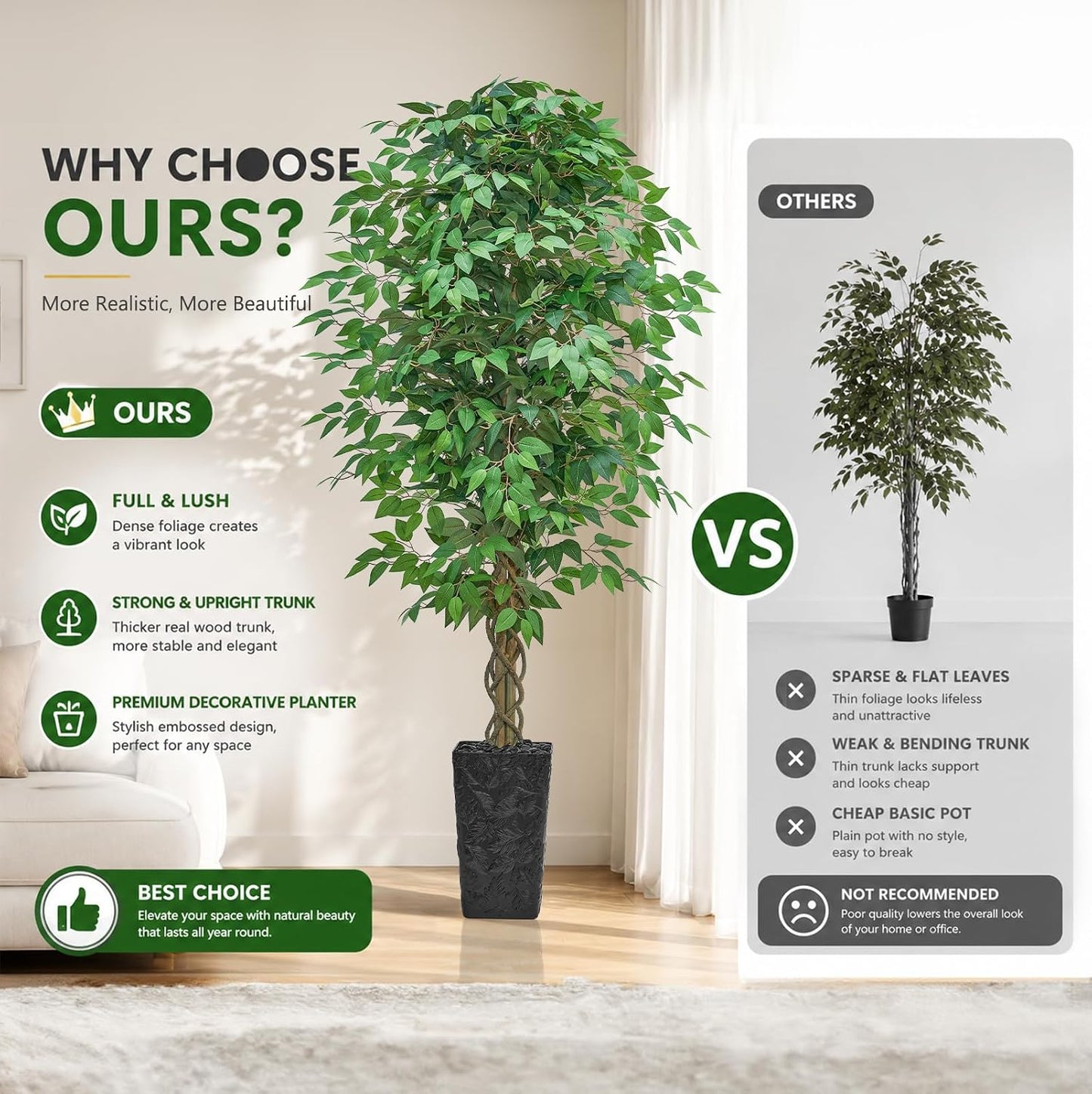 6FT Artificial Ficus Tree Indoor, Large Fake Ficus Tree with Natural Wood Trunk & Realistic Silk Leaves, Tall Faux Tree for Living Room, Office, Home Decor, White Pot Included