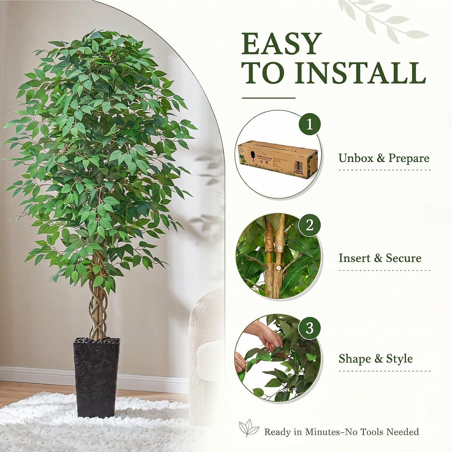6FT Artificial Ficus Tree Indoor, Large Fake Ficus Tree with Natural Wood Trunk & Realistic Silk Leaves, Tall Faux Tree for Living Room, Office, Home Decor, White Pot Included