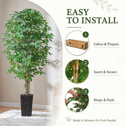 6FT Artificial Ficus Tree Indoor, Large Fake Ficus Tree with Natural Wood Trunk & Realistic Silk Leaves, Tall Faux Tree for Living Room, Office, Home Decor, White Pot Included