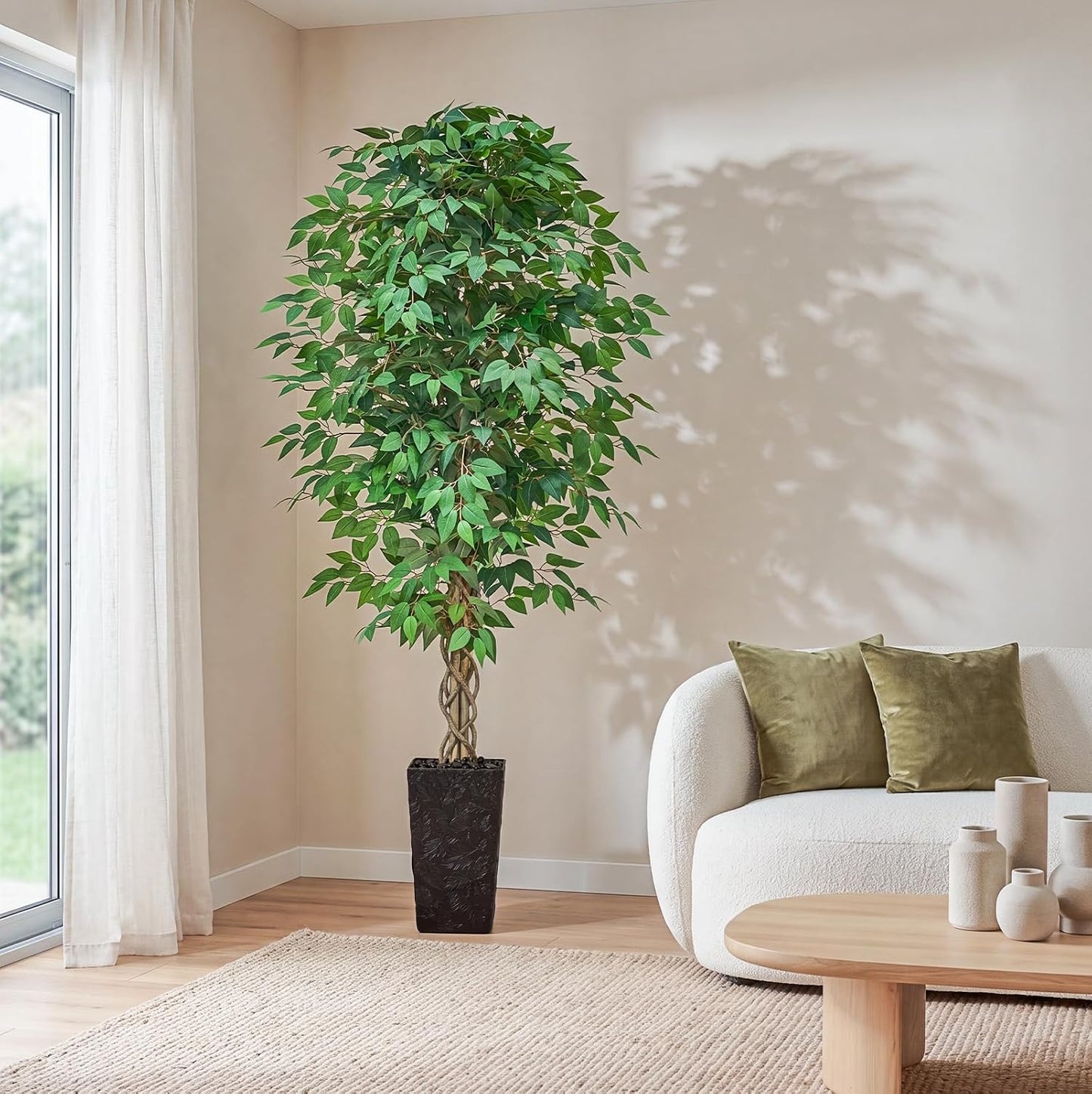 6FT Artificial Ficus Tree Indoor, Large Fake Ficus Tree with Natural Wood Trunk & Realistic Silk Leaves, Tall Faux Tree for Living Room, Office, Home Decor, White Pot Included
