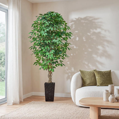 6FT Artificial Ficus Tree Indoor, Large Fake Ficus Tree with Natural Wood Trunk & Realistic Silk Leaves, Tall Faux Tree for Living Room, Office, Home Decor, White Pot Included