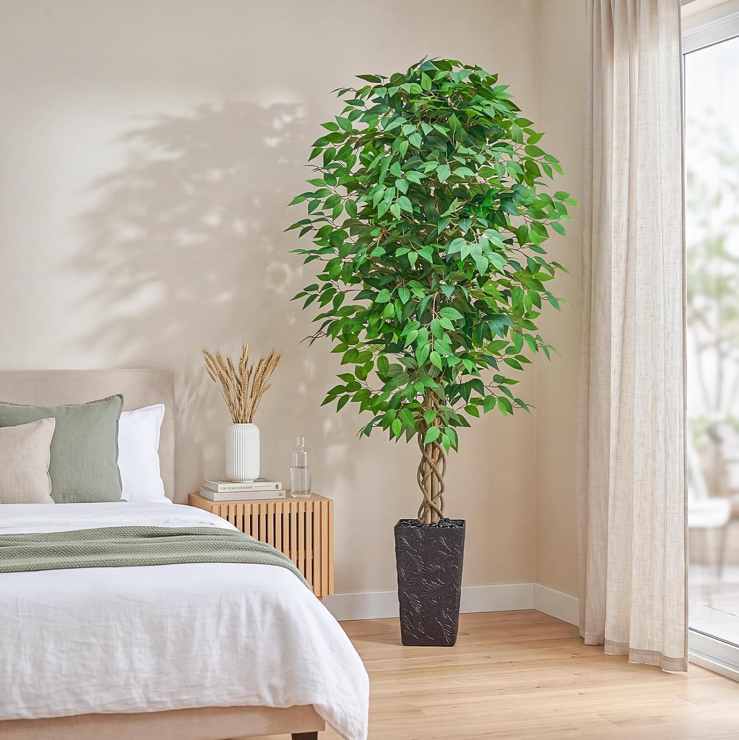 6FT Artificial Ficus Tree Indoor, Large Fake Ficus Tree with Natural Wood Trunk & Realistic Silk Leaves, Tall Faux Tree for Living Room, Office, Home Decor, White Pot Included