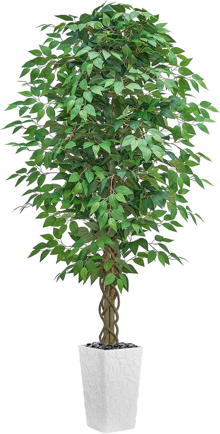 6FT Artificial Ficus Tree Indoor, Large Fake Ficus Tree with Natural Wood Trunk & Realistic Silk Leaves, Tall Faux Tree for Living Room, Office, Home Decor, White Pot Included
