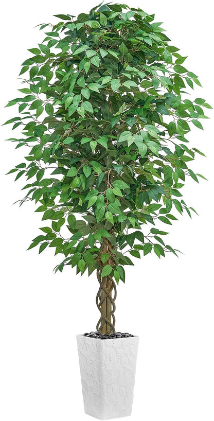 6FT Artificial Ficus Tree Indoor, Large Fake Ficus Tree with Natural Wood Trunk & Realistic Silk Leaves, Tall Faux Tree for Living Room, Office, Home Decor, White Pot Included