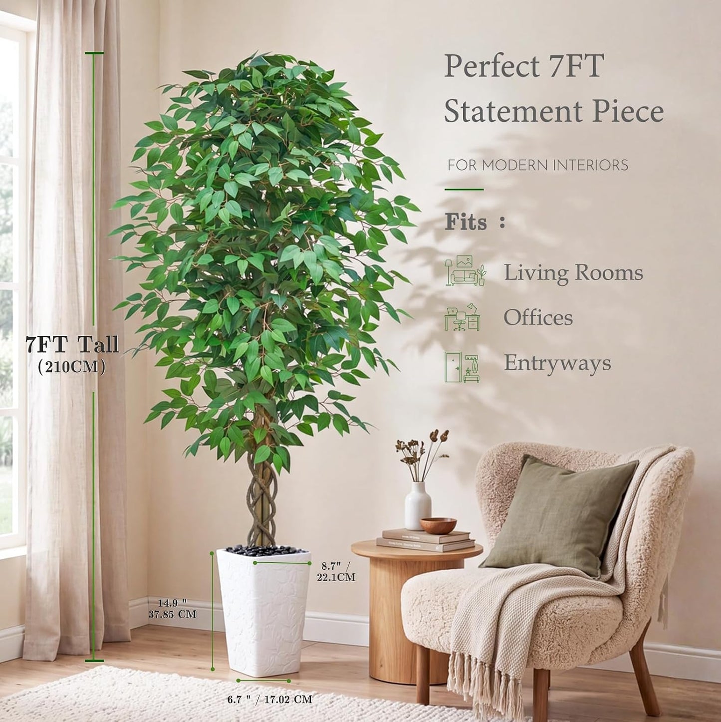 6FT Artificial Ficus Tree Indoor, Large Fake Ficus Tree with Natural Wood Trunk & Realistic Silk Leaves, Tall Faux Tree for Living Room, Office, Home Decor, White Pot Included