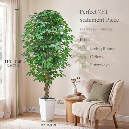 6FT Artificial Ficus Tree Indoor, Large Fake Ficus Tree with Natural Wood Trunk & Realistic Silk Leaves, Tall Faux Tree for Living Room, Office, Home Decor, White Pot Included