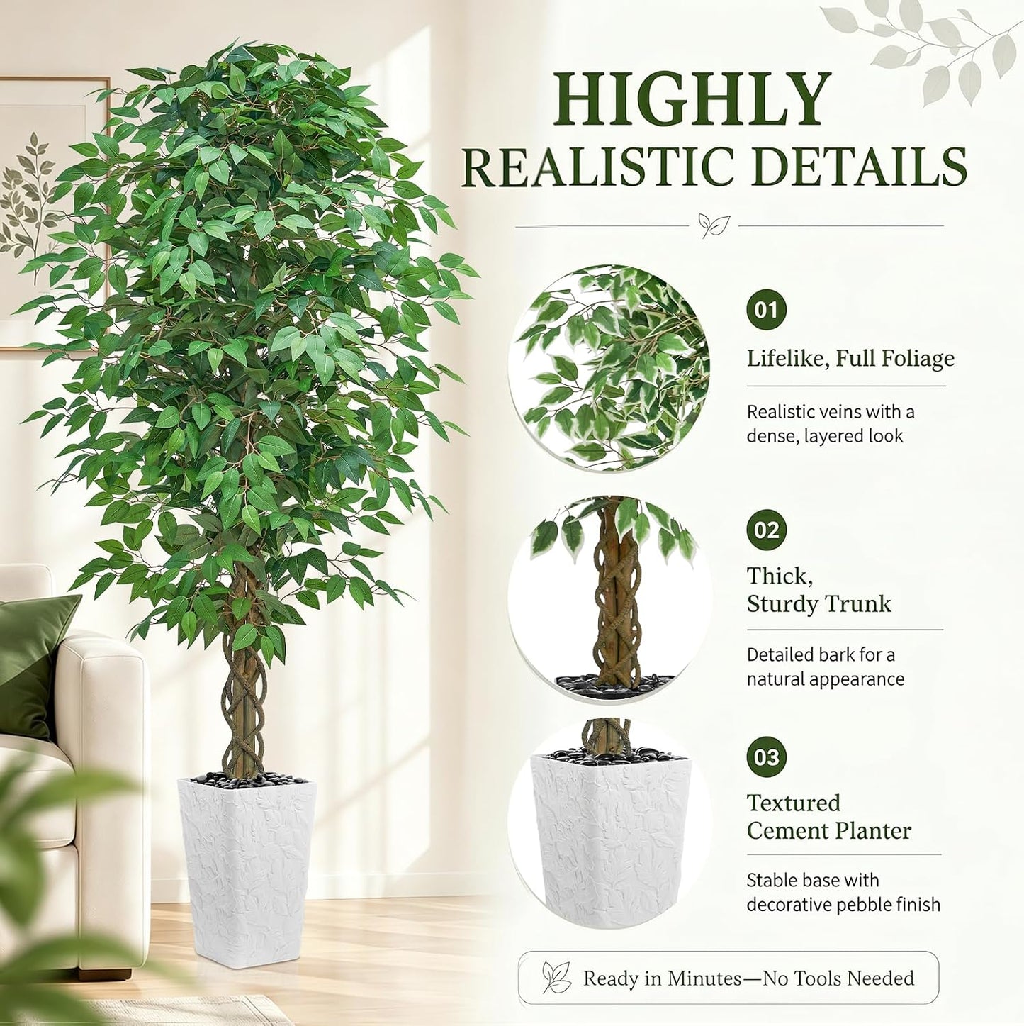 6FT Artificial Ficus Tree Indoor, Large Fake Ficus Tree with Natural Wood Trunk & Realistic Silk Leaves, Tall Faux Tree for Living Room, Office, Home Decor, White Pot Included