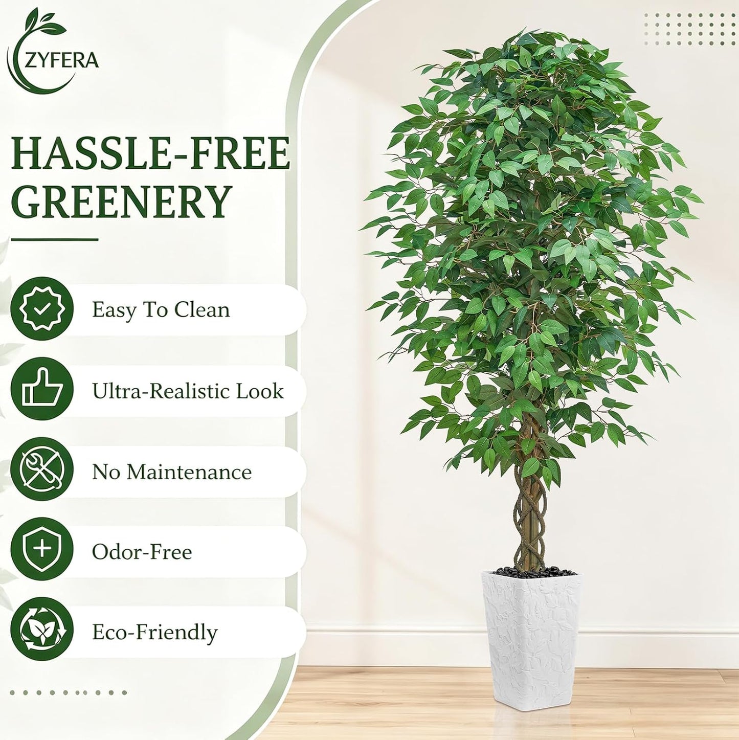 6FT Artificial Ficus Tree Indoor, Large Fake Ficus Tree with Natural Wood Trunk & Realistic Silk Leaves, Tall Faux Tree for Living Room, Office, Home Decor, White Pot Included