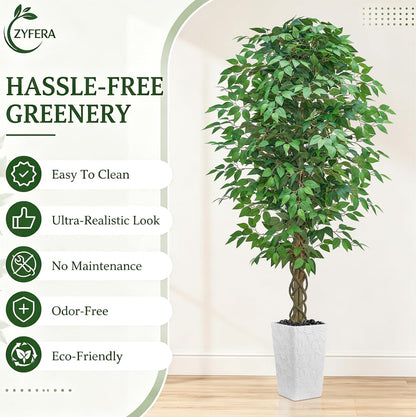 6FT Artificial Ficus Tree Indoor, Large Fake Ficus Tree with Natural Wood Trunk & Realistic Silk Leaves, Tall Faux Tree for Living Room, Office, Home Decor, White Pot Included