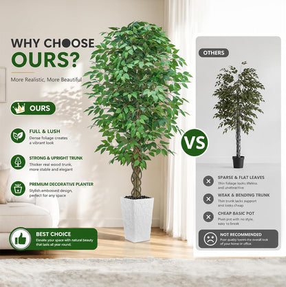 6FT Artificial Ficus Tree Indoor, Large Fake Ficus Tree with Natural Wood Trunk & Realistic Silk Leaves, Tall Faux Tree for Living Room, Office, Home Decor, White Pot Included