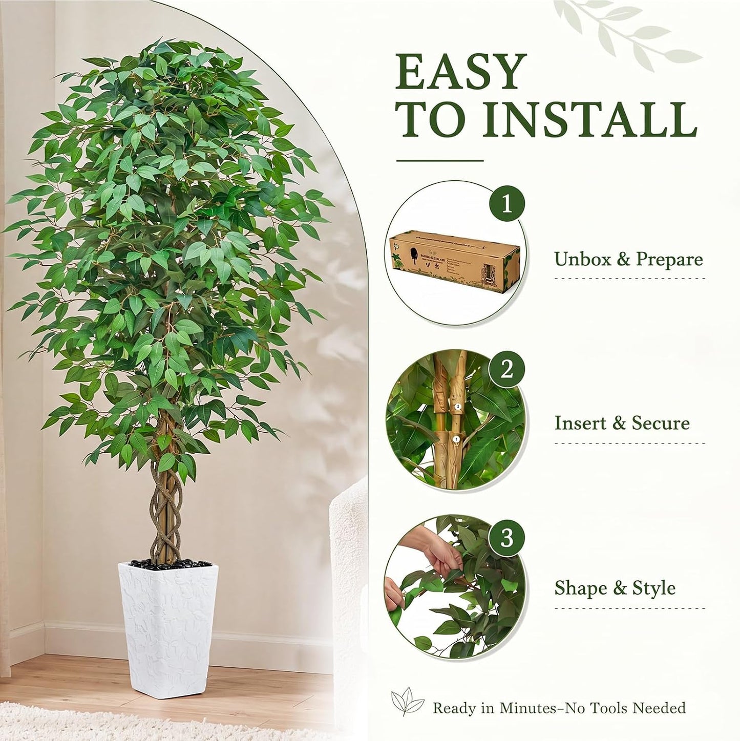 6FT Artificial Ficus Tree Indoor, Large Fake Ficus Tree with Natural Wood Trunk & Realistic Silk Leaves, Tall Faux Tree for Living Room, Office, Home Decor, White Pot Included