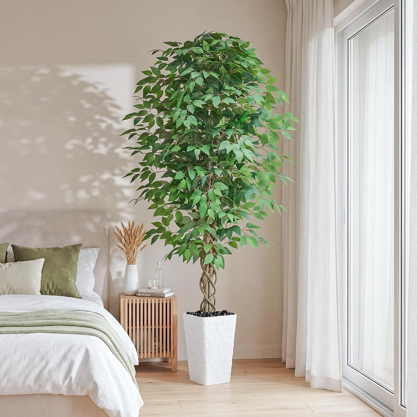 6FT Artificial Ficus Tree Indoor, Large Fake Ficus Tree with Natural Wood Trunk & Realistic Silk Leaves, Tall Faux Tree for Living Room, Office, Home Decor, White Pot Included