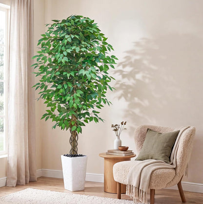 6FT Artificial Ficus Tree Indoor, Large Fake Ficus Tree with Natural Wood Trunk & Realistic Silk Leaves, Tall Faux Tree for Living Room, Office, Home Decor, White Pot Included
