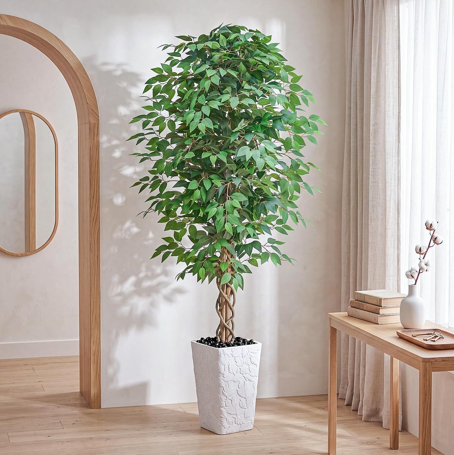 6FT Artificial Ficus Tree Indoor, Large Fake Ficus Tree with Natural Wood Trunk & Realistic Silk Leaves, Tall Faux Tree for Living Room, Office, Home Decor, White Pot Included