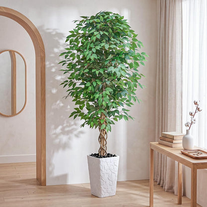 6FT Artificial Ficus Tree Indoor, Large Fake Ficus Tree with Natural Wood Trunk & Realistic Silk Leaves, Tall Faux Tree for Living Room, Office, Home Decor, White Pot Included