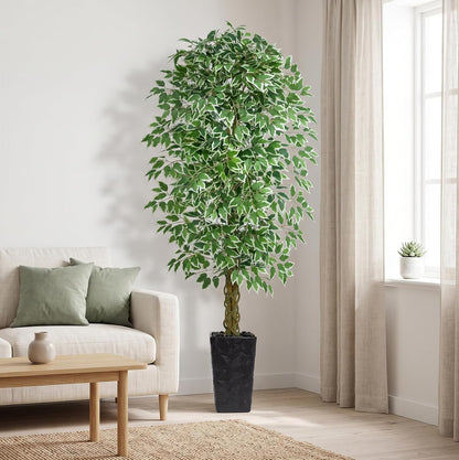 6FT Artificial Ficus Tree Indoor, Large Fake Ficus Tree with Natural Wood Trunk & Realistic Silk Leaves, Tall Faux Tree for Living Room, Office, Home Decor, White Pot Included