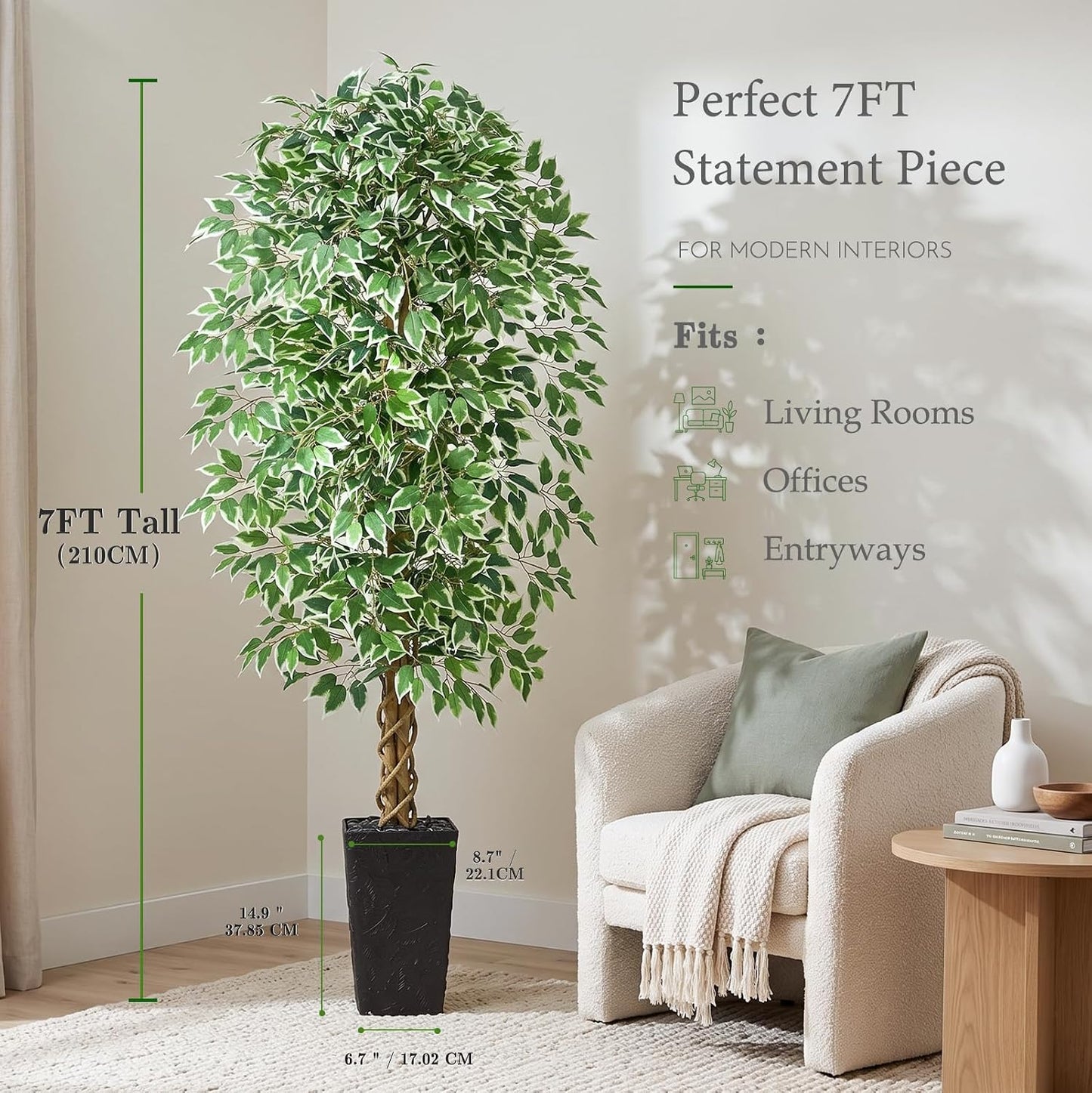 6FT Artificial Ficus Tree Indoor, Large Fake Ficus Tree with Natural Wood Trunk & Realistic Silk Leaves, Tall Faux Tree for Living Room, Office, Home Decor, White Pot Included