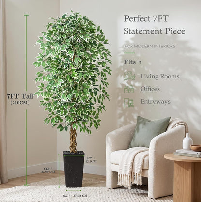 6FT Artificial Ficus Tree Indoor, Large Fake Ficus Tree with Natural Wood Trunk & Realistic Silk Leaves, Tall Faux Tree for Living Room, Office, Home Decor, White Pot Included