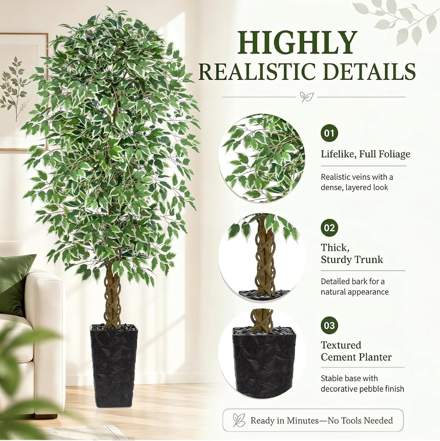 6FT Artificial Ficus Tree Indoor, Large Fake Ficus Tree with Natural Wood Trunk & Realistic Silk Leaves, Tall Faux Tree for Living Room, Office, Home Decor, White Pot Included