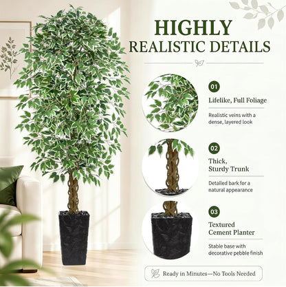 6FT Artificial Ficus Tree Indoor, Large Fake Ficus Tree with Natural Wood Trunk & Realistic Silk Leaves, Tall Faux Tree for Living Room, Office, Home Decor, White Pot Included