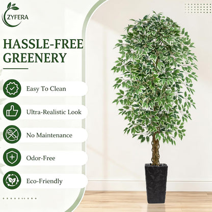 6FT Artificial Ficus Tree Indoor, Large Fake Ficus Tree with Natural Wood Trunk & Realistic Silk Leaves, Tall Faux Tree for Living Room, Office, Home Decor, White Pot Included