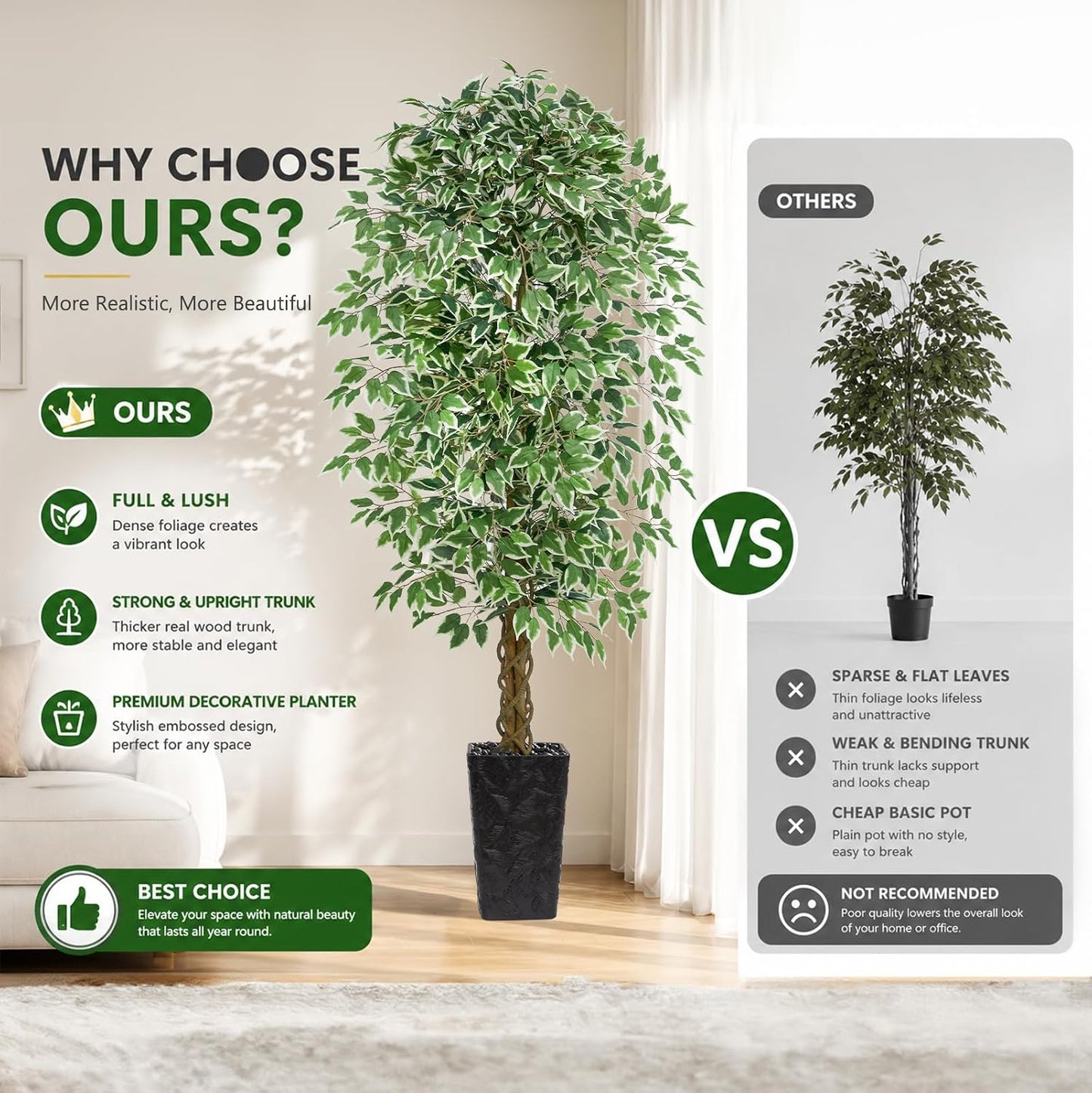 6FT Artificial Ficus Tree Indoor, Large Fake Ficus Tree with Natural Wood Trunk & Realistic Silk Leaves, Tall Faux Tree for Living Room, Office, Home Decor, White Pot Included
