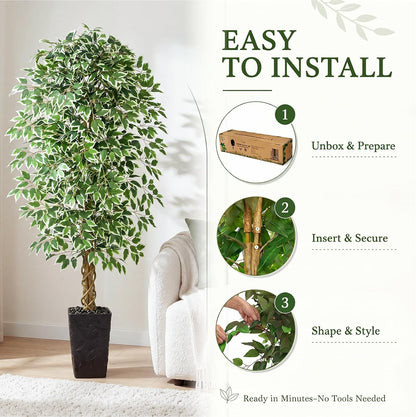 6FT Artificial Ficus Tree Indoor, Large Fake Ficus Tree with Natural Wood Trunk & Realistic Silk Leaves, Tall Faux Tree for Living Room, Office, Home Decor, White Pot Included