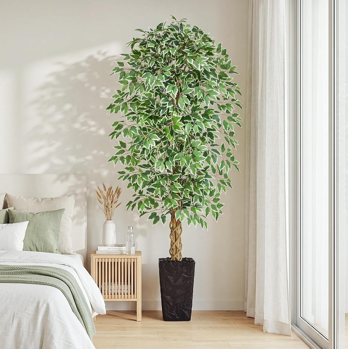 6FT Artificial Ficus Tree Indoor, Large Fake Ficus Tree with Natural Wood Trunk & Realistic Silk Leaves, Tall Faux Tree for Living Room, Office, Home Decor, White Pot Included