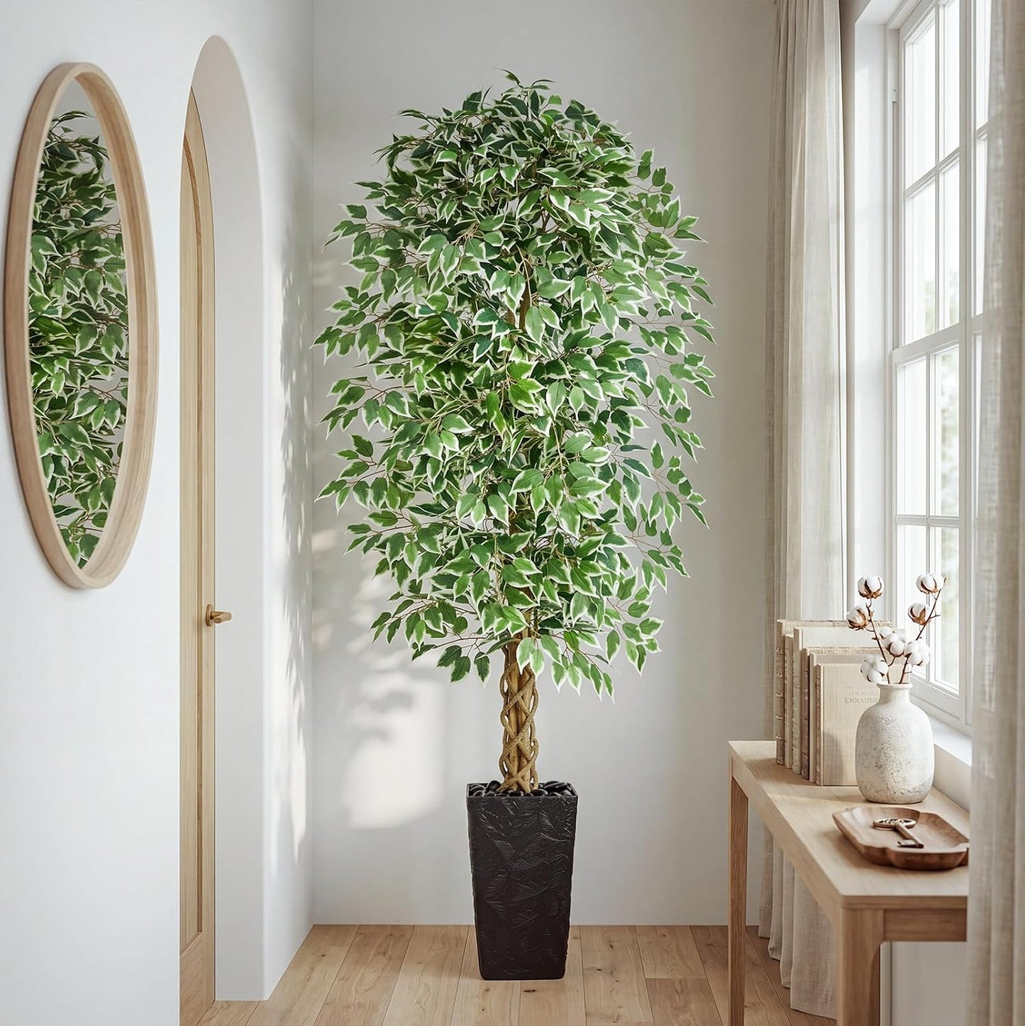 6FT Artificial Ficus Tree Indoor, Large Fake Ficus Tree with Natural Wood Trunk & Realistic Silk Leaves, Tall Faux Tree for Living Room, Office, Home Decor, White Pot Included