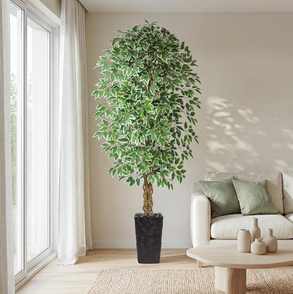6FT Artificial Ficus Tree Indoor, Large Fake Ficus Tree with Natural Wood Trunk & Realistic Silk Leaves, Tall Faux Tree for Living Room, Office, Home Decor, White Pot Included