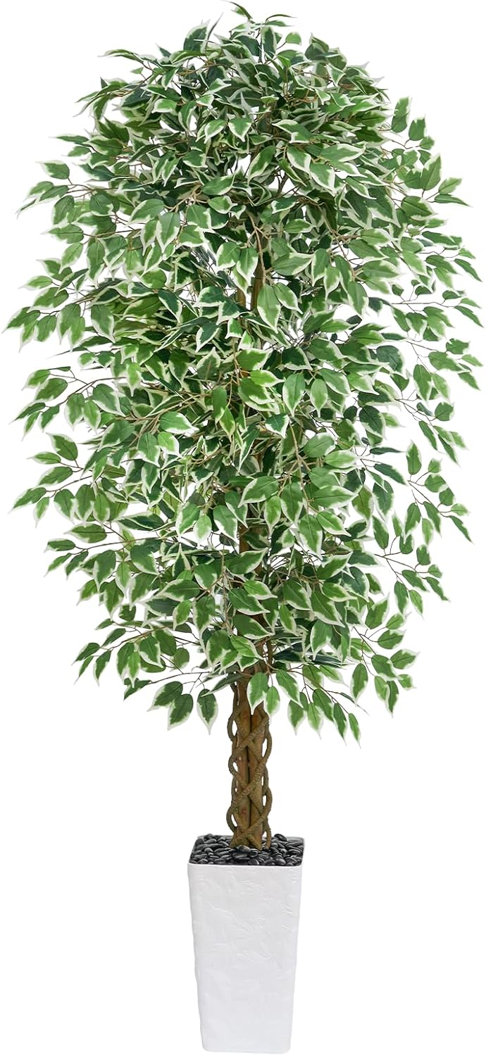 6FT Artificial Ficus Tree Indoor, Large Fake Ficus Tree with Natural Wood Trunk & Realistic Silk Leaves, Tall Faux Tree for Living Room, Office, Home Decor, White Pot Included