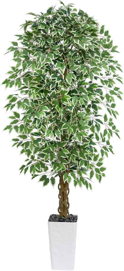 6FT Artificial Ficus Tree Indoor, Large Fake Ficus Tree with Natural Wood Trunk & Realistic Silk Leaves, Tall Faux Tree for Living Room, Office, Home Decor, White Pot Included