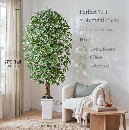 6FT Artificial Ficus Tree Indoor, Large Fake Ficus Tree with Natural Wood Trunk & Realistic Silk Leaves, Tall Faux Tree for Living Room, Office, Home Decor, White Pot Included