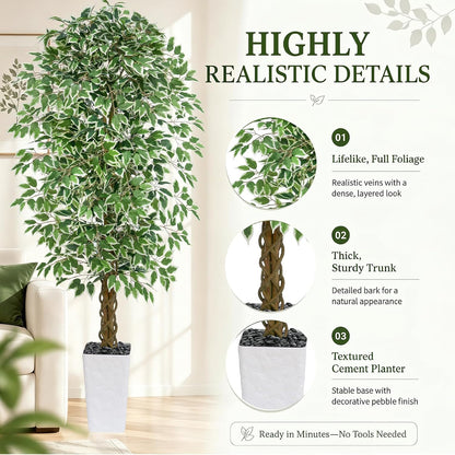6FT Artificial Ficus Tree Indoor, Large Fake Ficus Tree with Natural Wood Trunk & Realistic Silk Leaves, Tall Faux Tree for Living Room, Office, Home Decor, White Pot Included