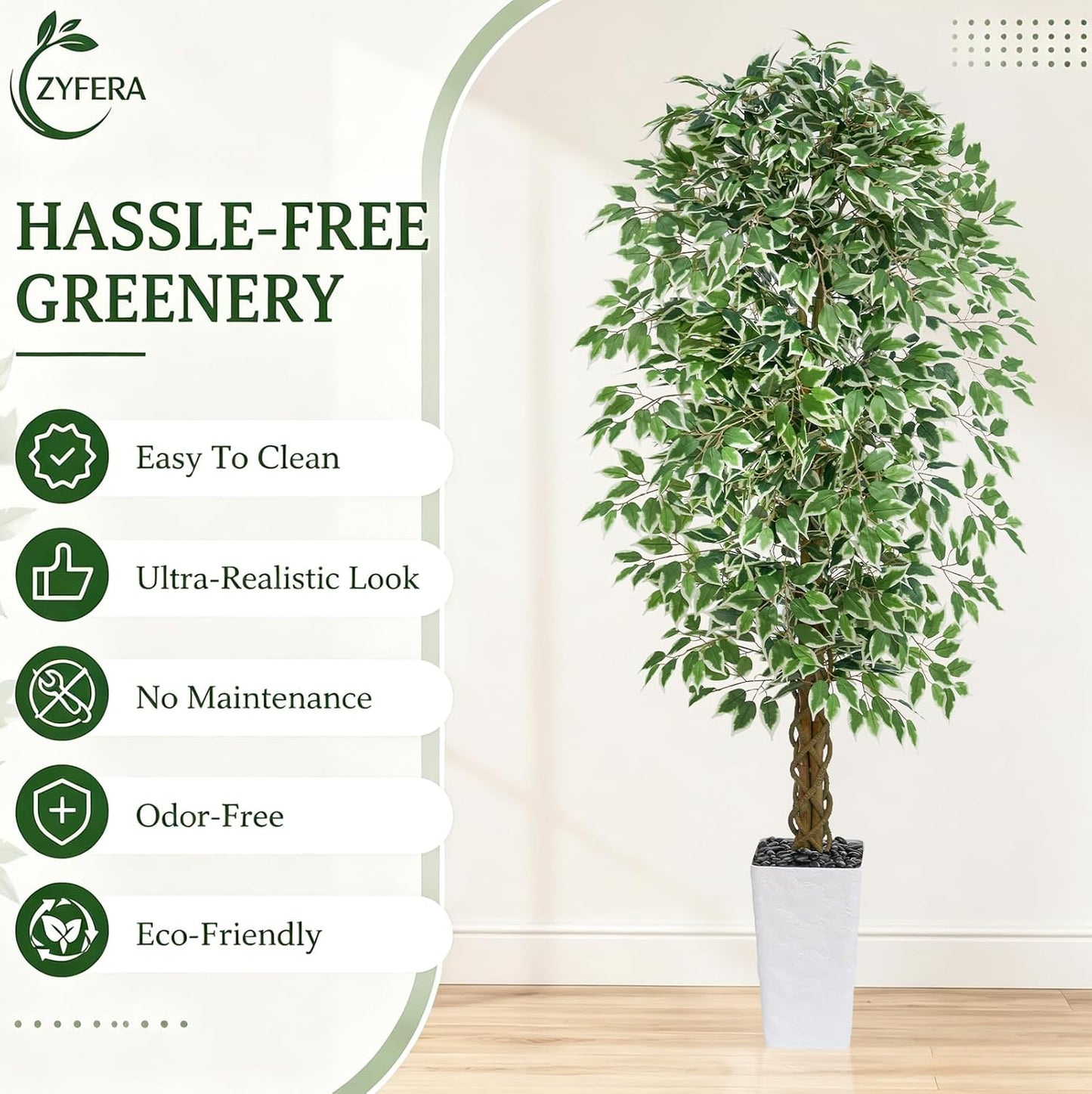 6FT Artificial Ficus Tree Indoor, Large Fake Ficus Tree with Natural Wood Trunk & Realistic Silk Leaves, Tall Faux Tree for Living Room, Office, Home Decor, White Pot Included