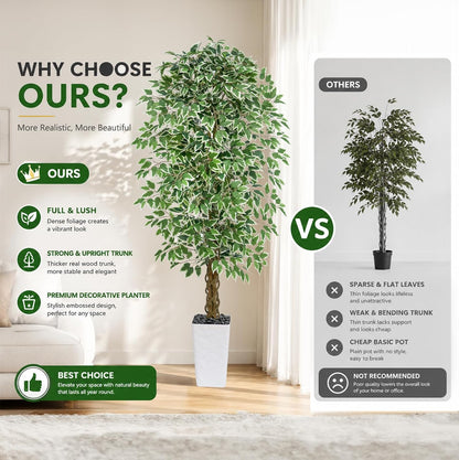 6FT Artificial Ficus Tree Indoor, Large Fake Ficus Tree with Natural Wood Trunk & Realistic Silk Leaves, Tall Faux Tree for Living Room, Office, Home Decor, White Pot Included
